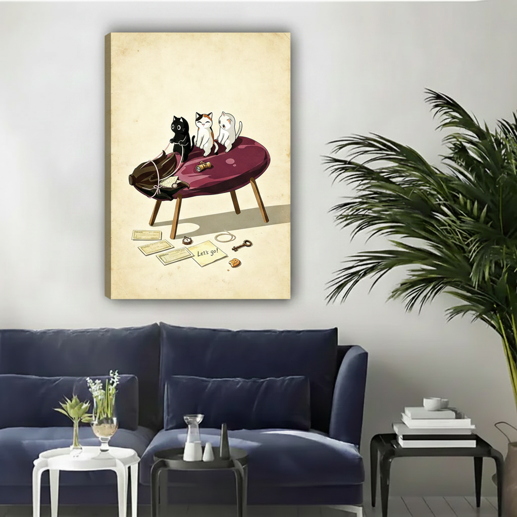 Unframed gallery wrap cat illustration canvas print hanging on wall above navy sofa without frame