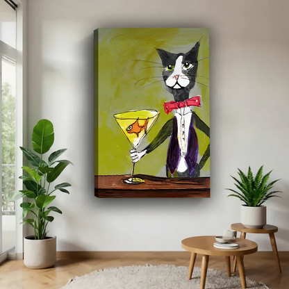 Whimsical tuxedo cat bartender gallery wrap canvas print hung frameless on white wall with tropical plants and round side table