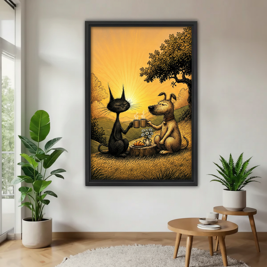 Frameless gallery wrap canvas art of vintage comic cat and dog toasting at sunset displayed in minimalist living room with indoor plants