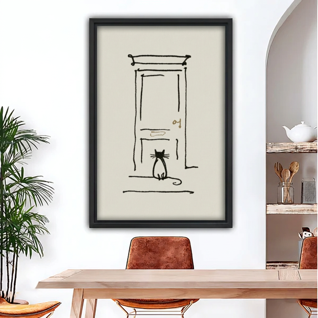 Framed cat and door line art canvas above a wooden dining table.