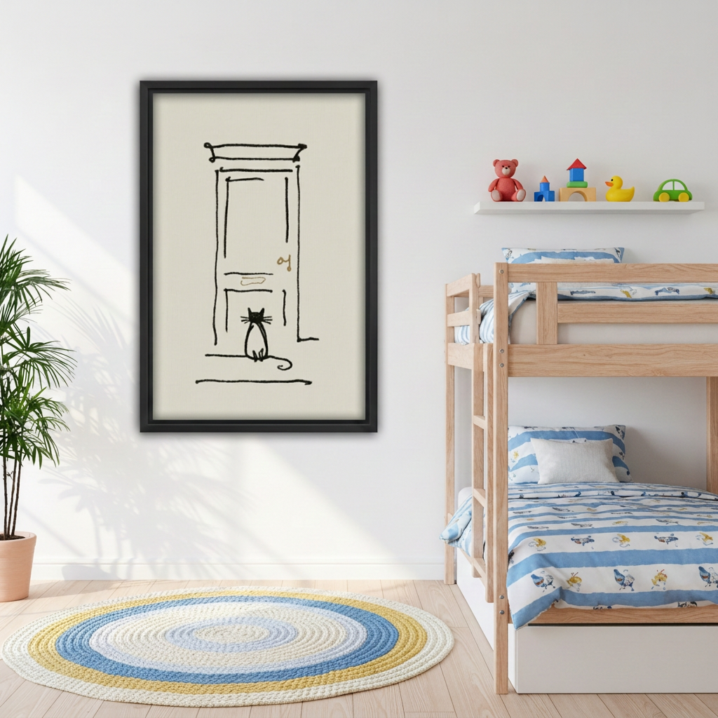 Framed cat and door line art canvas beside wooden bunk beds.