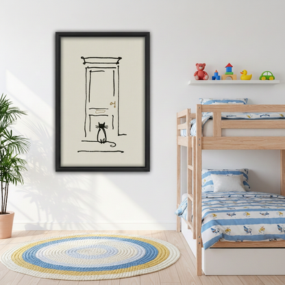 Framed cat and door line art canvas beside wooden bunk beds.