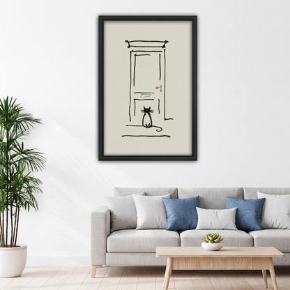Framed cat and door line art canvas above a light gray sofa.