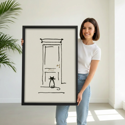 Woman holding framed cat and door line art canvas.