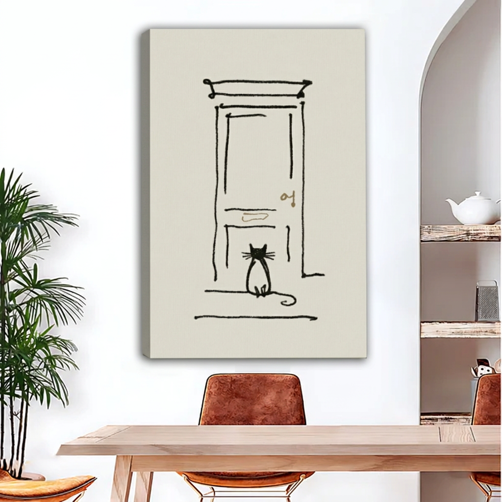Unframed cat and door line art canvas on a cream background.