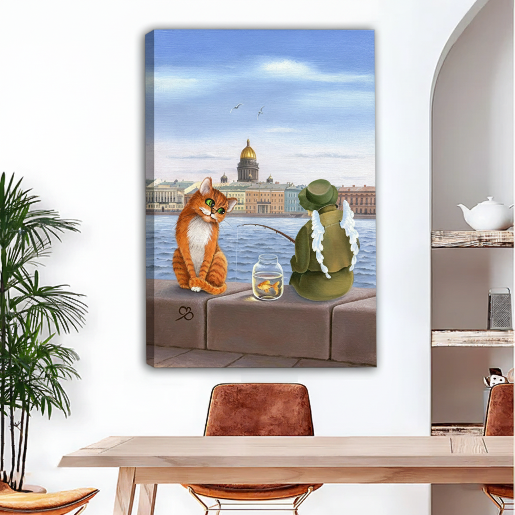 Whimsical cat fishing oil painting frameless gallery wrap canvas wall art above dining table in bright modern room
