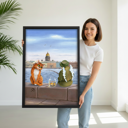 Woman holding large black framed cat fishing oil painting canvas print showing artwork size and detail reference