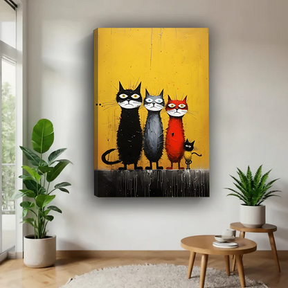 Whimsical cat gang gallery wrap canvas wall art on yellow background hung in bright modern living room interior
