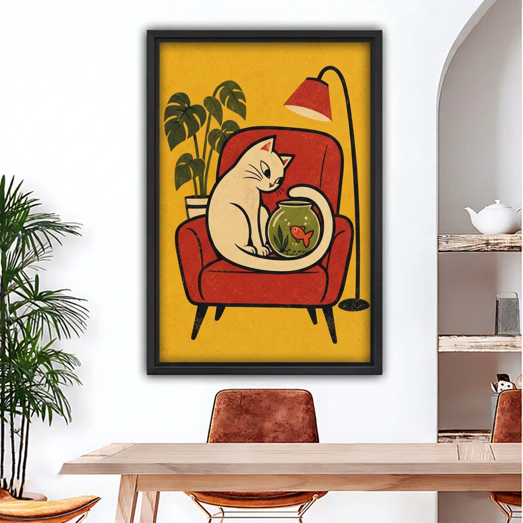 Black-framed retro cat and goldfish canvas wall art above a wooden dining table