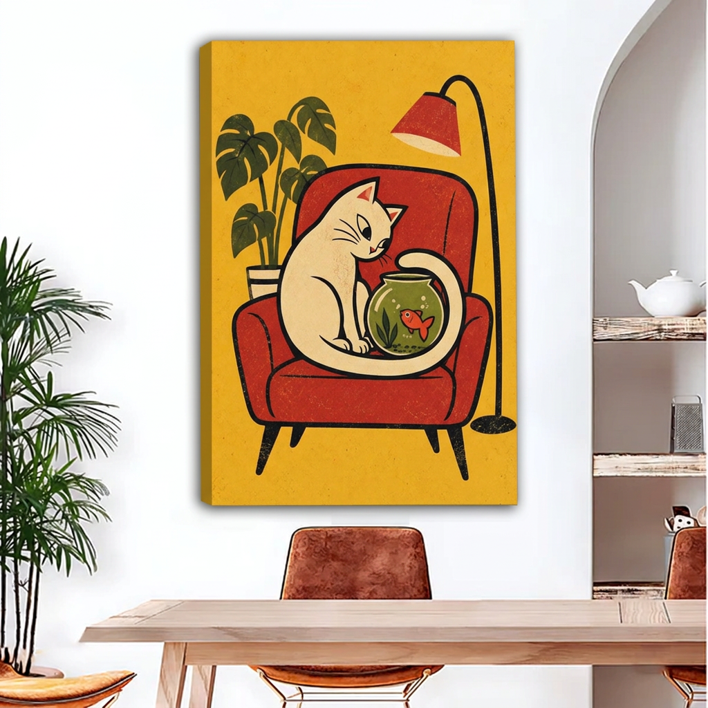 Gallery-wrap cat and goldfish canvas wall art with visible left-edge depth above a dining table