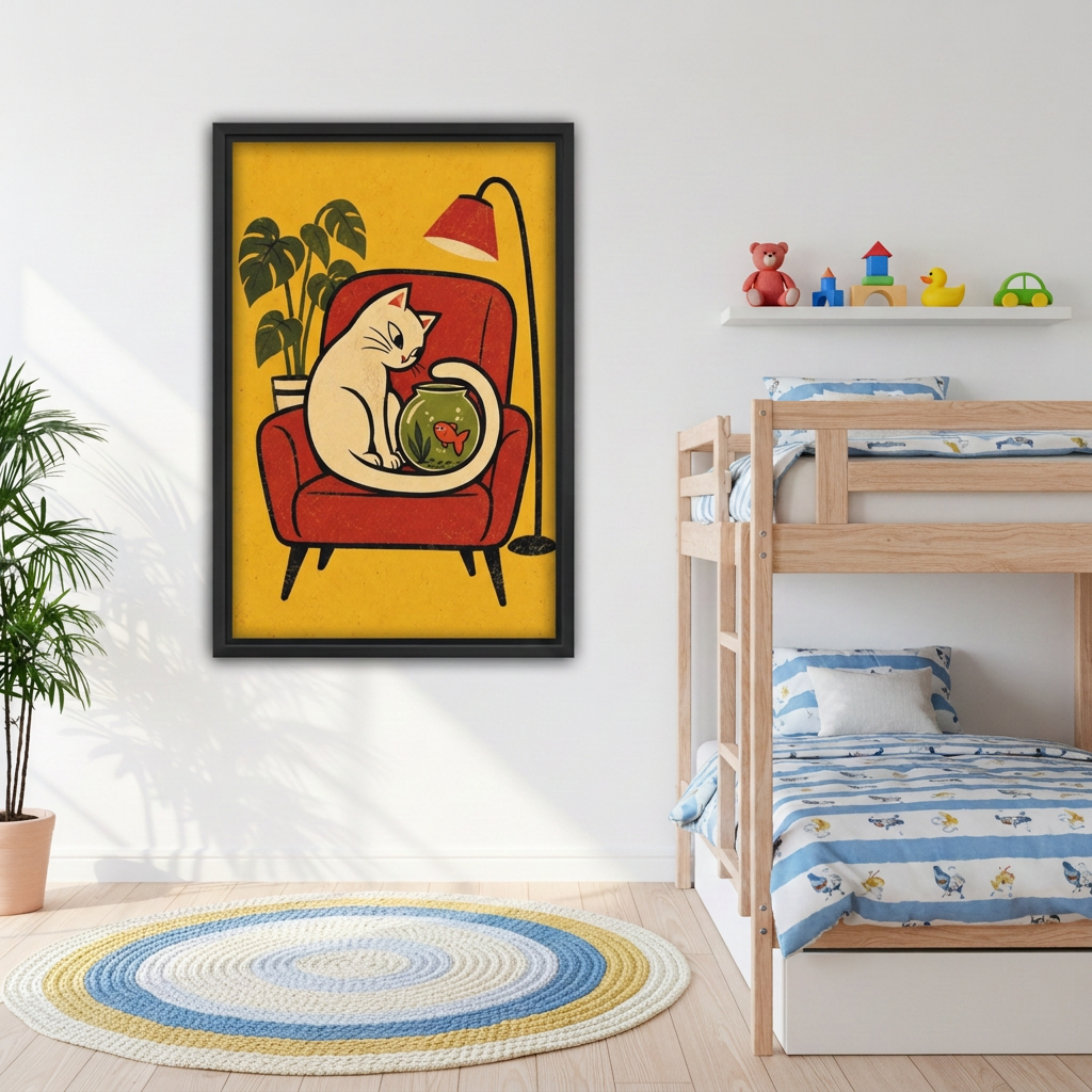 Framed cat and goldfish canvas wall art beside wooden bunk beds in a kids’room