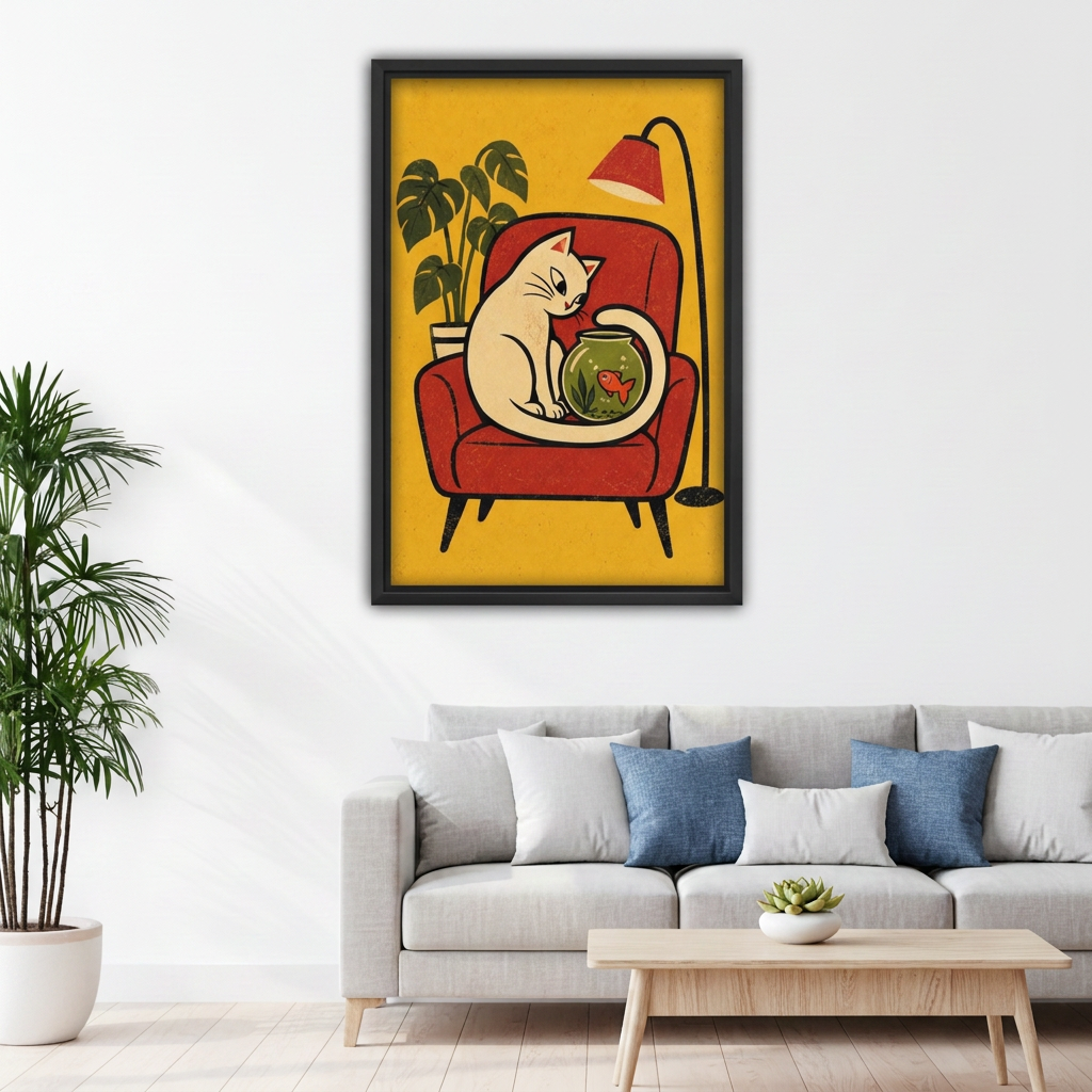 Retro cat and goldfish canvas wall art above a gray sofa with blue cushions