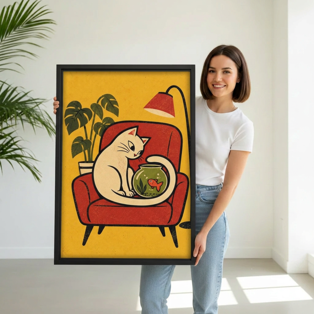 Model holding framed retro cat and goldfish canvas wall art for size reference