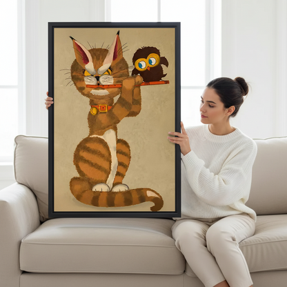 Black-framed cat and owl canvas wall art with a brown tabby playing an orange flute beside a bed.