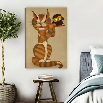 Cat and owl canvas wall art showing a flute-playing tabby on an unframed canvas beside a bed.