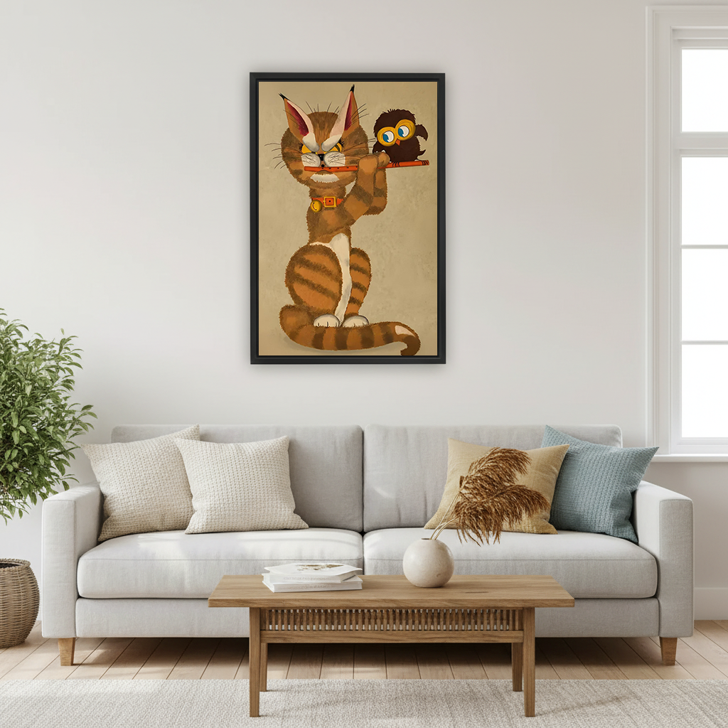 Whimsical cat and owl canvas wall art displayed in a black frame above a white and gold office desk.