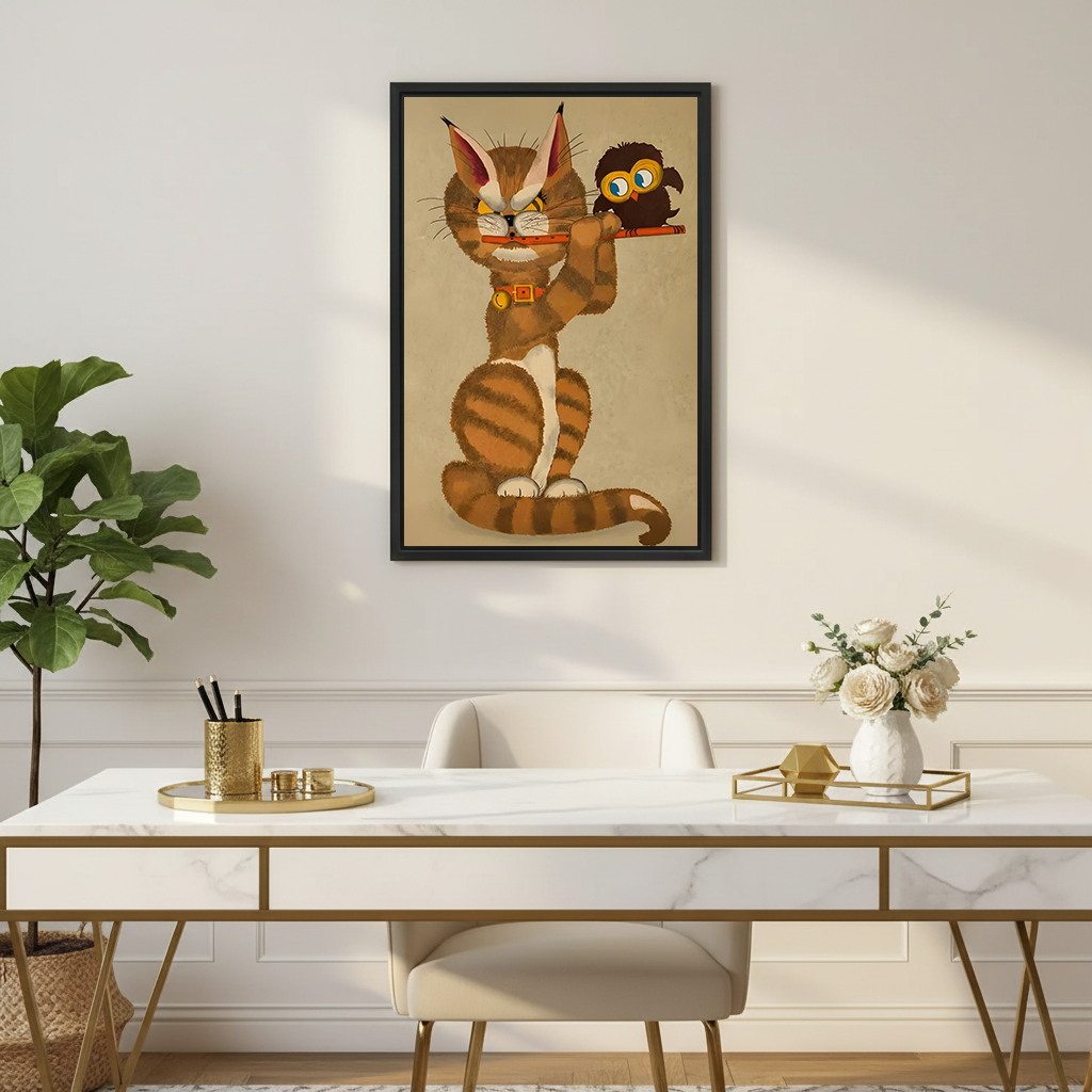 Woman seated on a sofa holding black-framed cat and owl canvas wall art with a warm tan background.