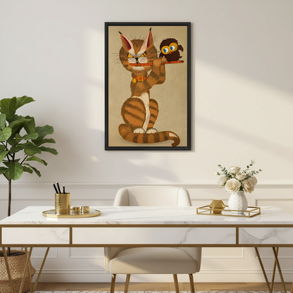 Woman seated on a sofa holding black-framed cat and owl canvas wall art with a warm tan background.
