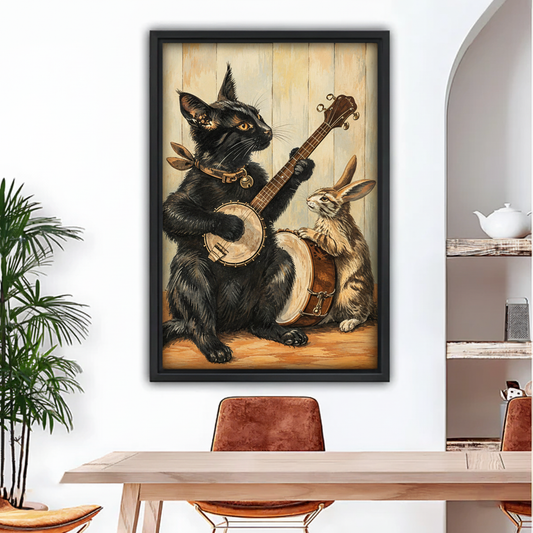 Framed cat and rabbit musician canvas wall art showing a black cat with banjo and brown rabbit with drum