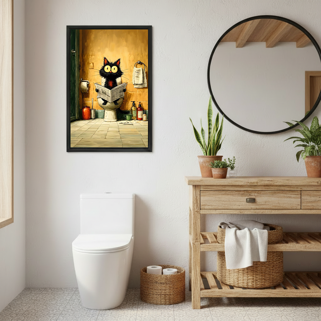Black cat reading newspaper on toilet framed poster art displayed in rustic wooden bathroom with round mirror