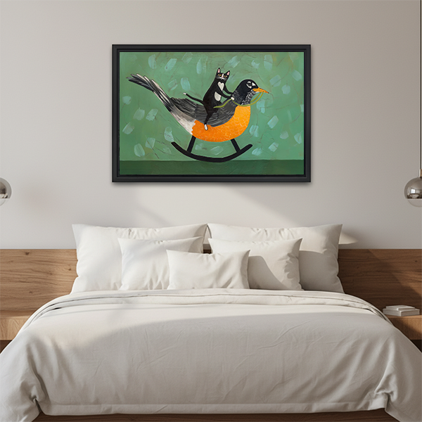 Whimsical Cat Riding Bird Canvas Wall Art | Framed & Unframed l5515