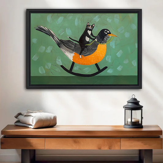 Whimsical Cat Riding Bird Canvas Wall Art | Framed & Unframed l5515