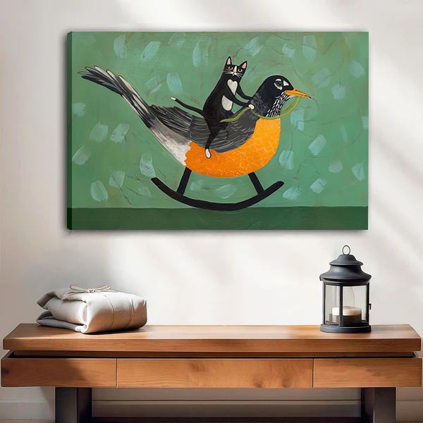 Whimsical Cat Riding Bird Canvas Wall Art | Framed & Unframed l5515