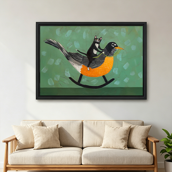 Whimsical Cat Riding Bird Canvas Wall Art | Framed & Unframed l5515
