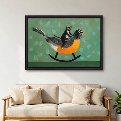 Whimsical Cat Riding Bird Canvas Wall Art | Framed & Unframed l5515