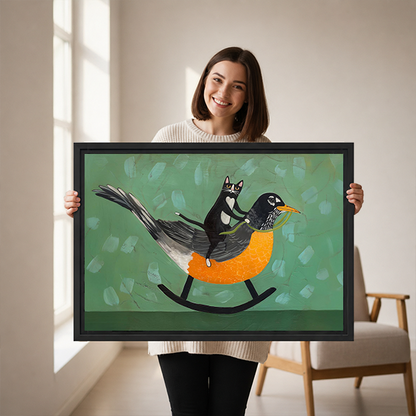 Whimsical Cat Riding Bird Canvas Wall Art | Framed & Unframed l5515