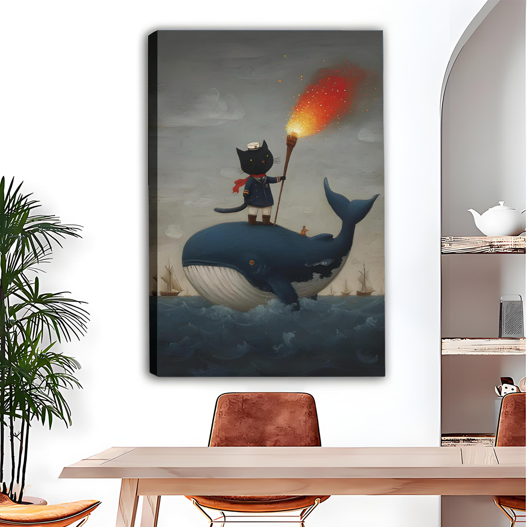 Cat sailor whale canvas print wall art mounted beside an arched alcove shelf