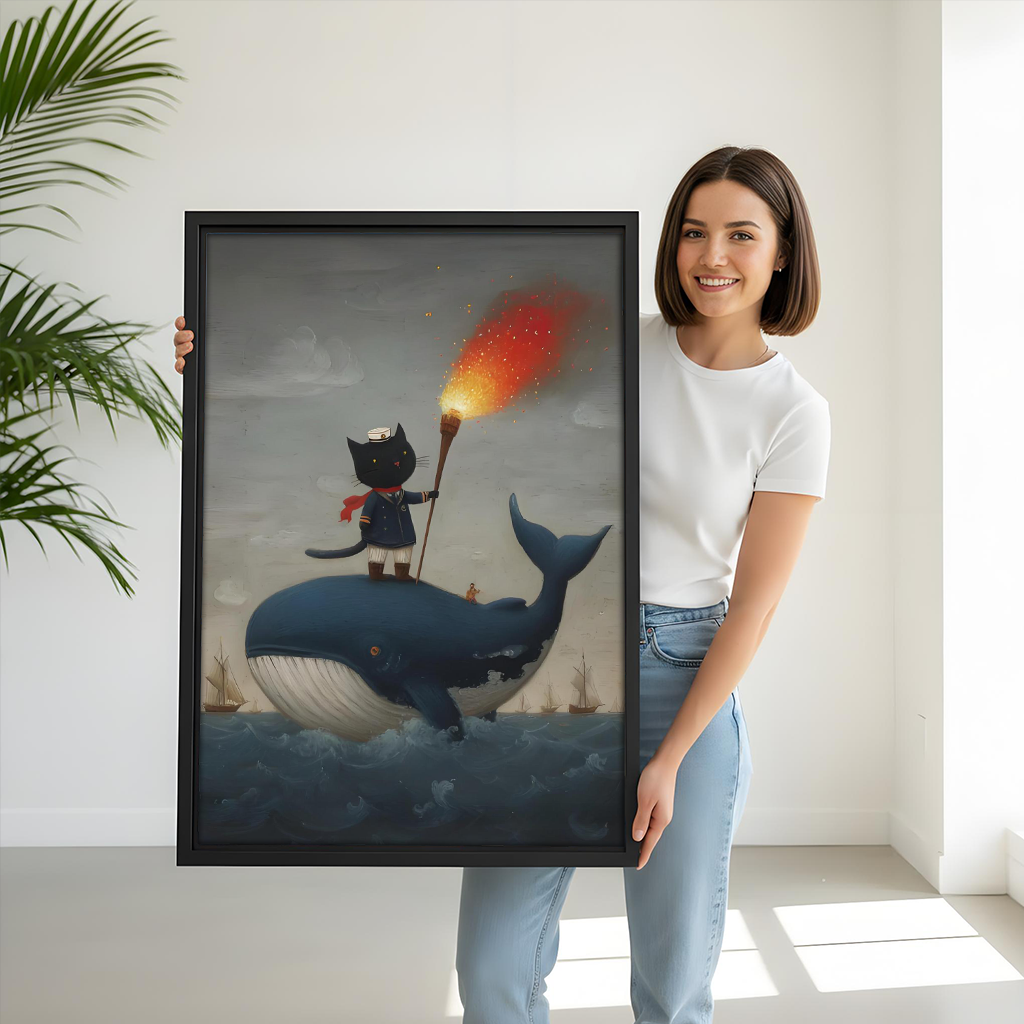 Woman holding a framed cat sailor whale wall art print for size reference