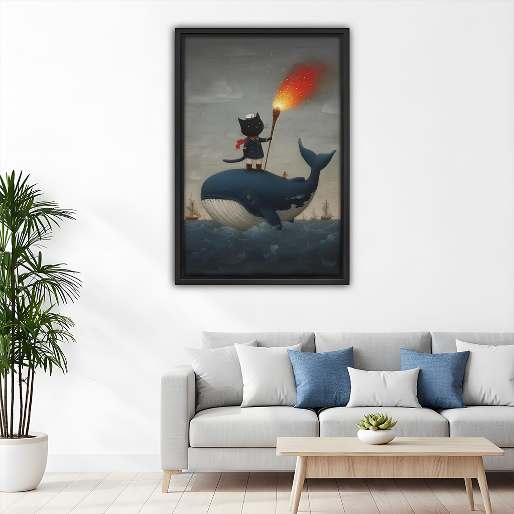 Framed cat sailor whale wall art decorating a living room above a grey sofa