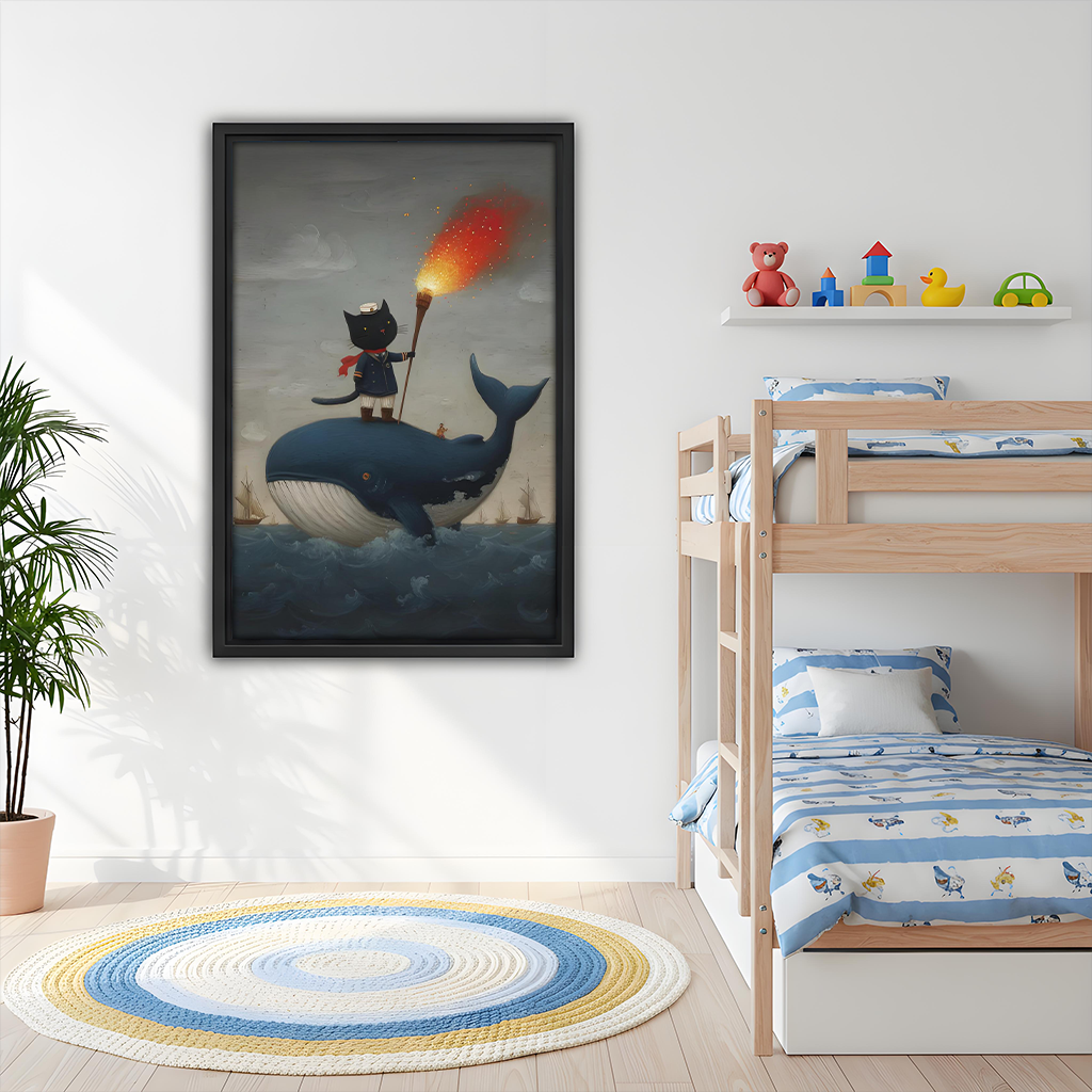 Cat sailor whale wall art hanging in a children's bedroom above a bunk bed
