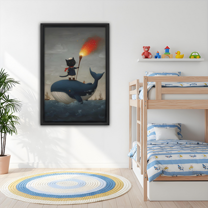 Cat sailor whale wall art hanging in a children's bedroom above a bunk bed