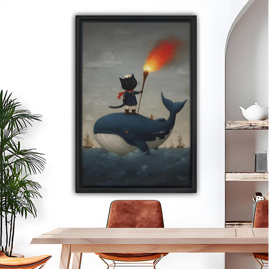 Whimsical cat sailor whale wall art in black frame above a wooden dining table
