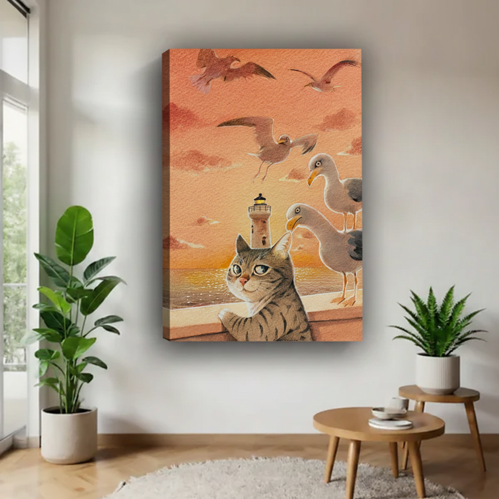 Gallery wrap frameless canvas of tabby cat and seagulls at orange sunset by lighthouse, showing thick canvas edges in Scandinavian hallway