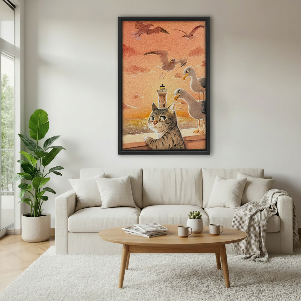 Framed wall art of tabby cat and seagulls at sunset lighthouse, displayed above white sofa in bright modern living room