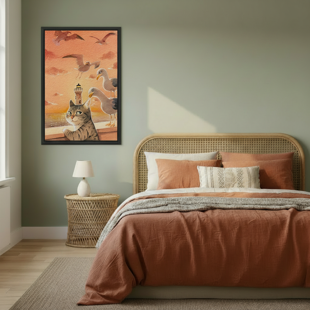 Framed canvas print of cat watching seagulls by lighthouse at dusk, hung on sage green bedroom wall above rattan headboard