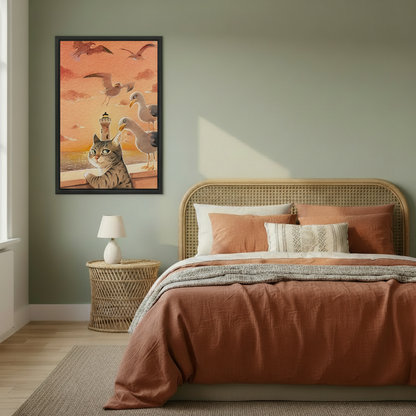 Framed canvas print of cat watching seagulls by lighthouse at dusk, hung on sage green bedroom wall above rattan headboard