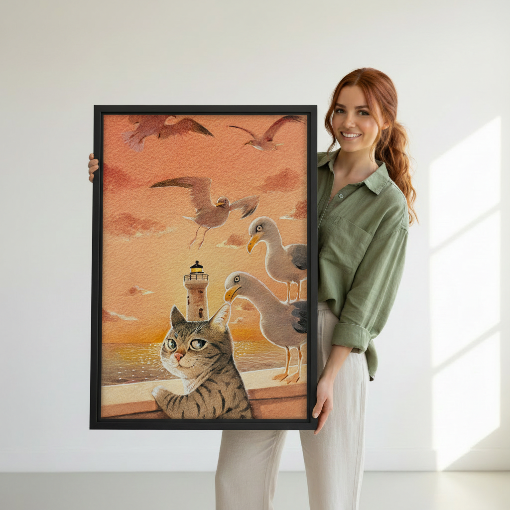 Woman holding large framed art print of tabby cat with seagulls and lighthouse at sunset, showing print size reference