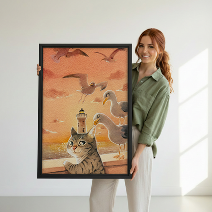 Woman holding large framed art print of tabby cat with seagulls and lighthouse at sunset, showing print size reference