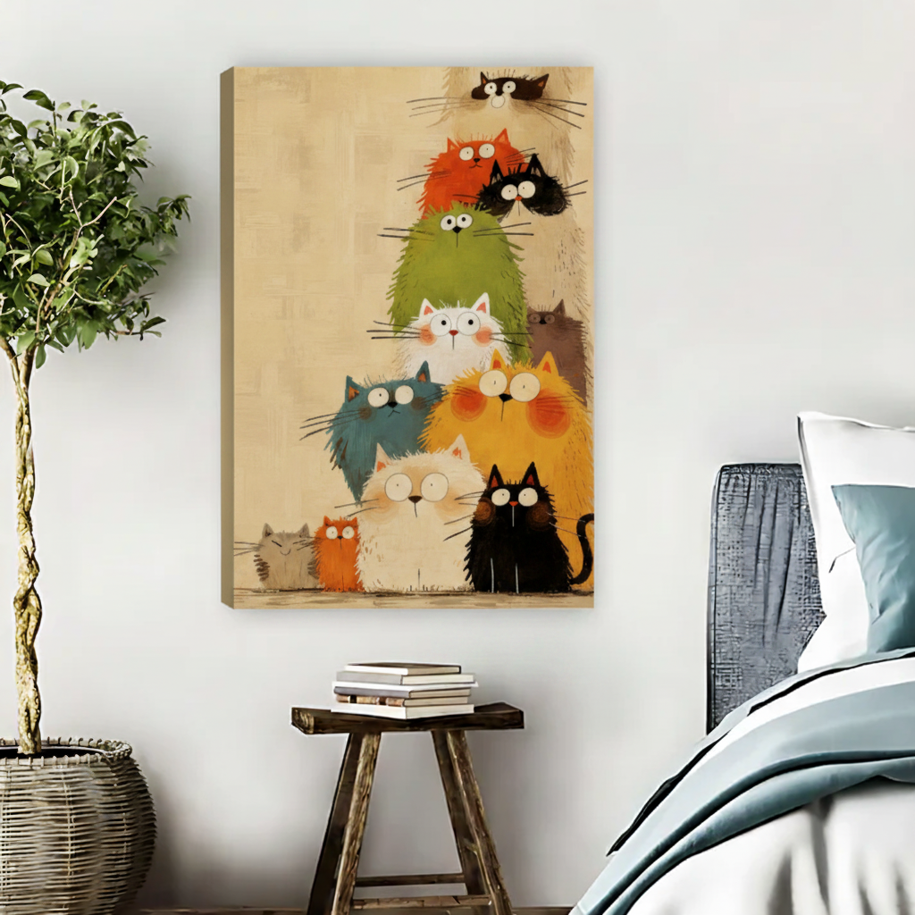 Cat Stack - Frameless Canvas Bedroom