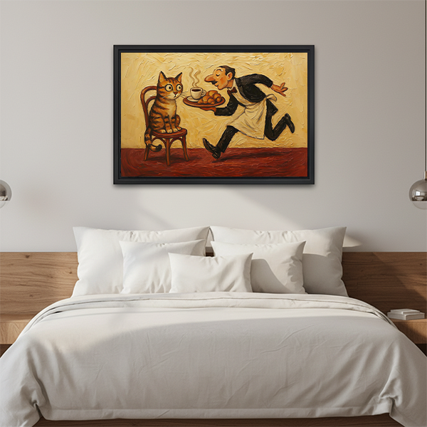 Framed cat and waiter canvas wall art featuring a seated tabby and rushing waiter above a white bed.