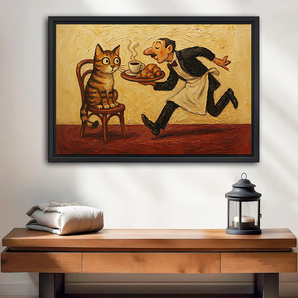Woman holding framed whimsical cat and waiter canvas wall art featuring steaming coffee and pastries.