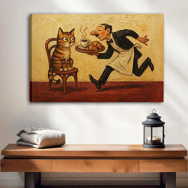 Framed cat and waiter canvas wall art with a warm yellow background above a wooden console.