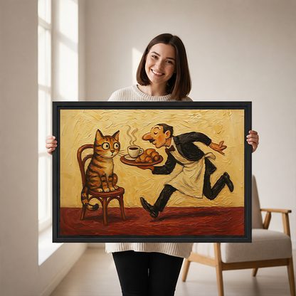 Unframed cat and waiter canvas wall art showing a tabby and coffee tray above a wooden console.
