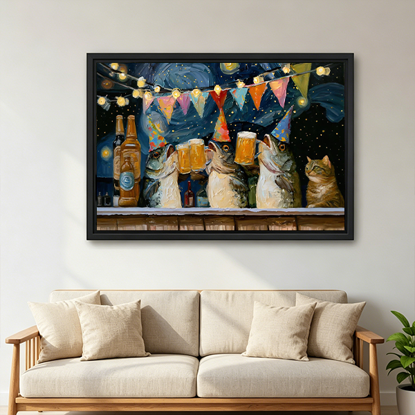 Gallery-wrap cats drinking beer canvas wall art with a dark blue background above a wooden console and lantern.