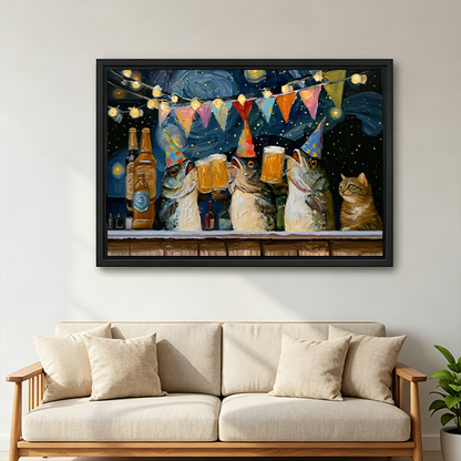 Gallery-wrap cats drinking beer canvas wall art with a dark blue background above a wooden console and lantern.