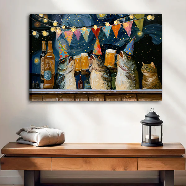 Framed cats drinking beer canvas wall art with colorful bunting and string lights above a cream sofa.